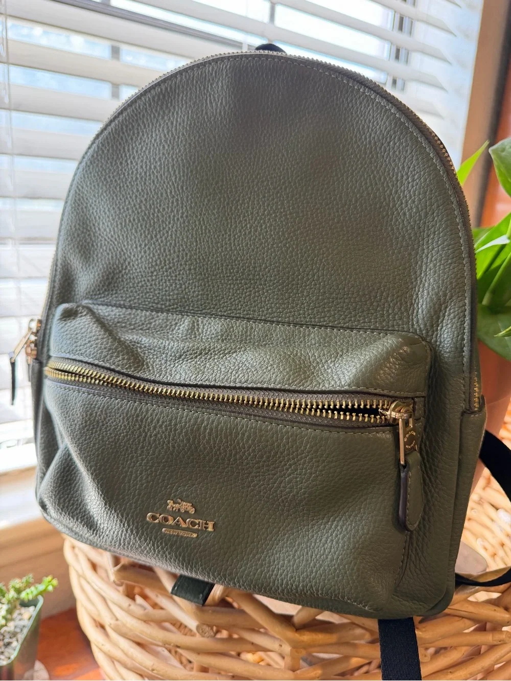 Coach Olive Green Pebbled Leather Backpack with Gold-Tone Hardware